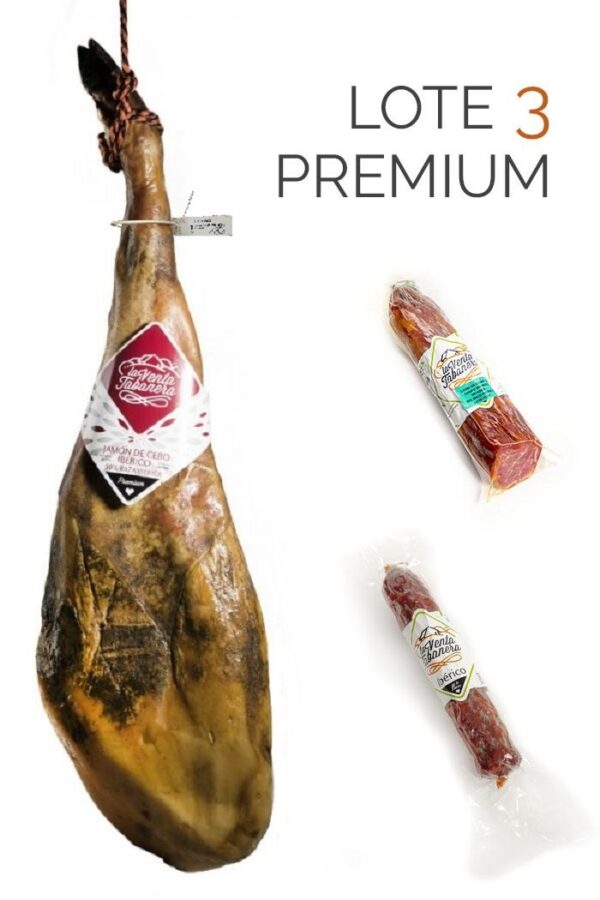 Lote 3 Premium - Jamón de Cebo Ibérico (50% Raza Ibérica) + Lomo de Cebo Ibérico (50% Raza Ibérica) 1/2 + Chorizo Ibérico 300gr