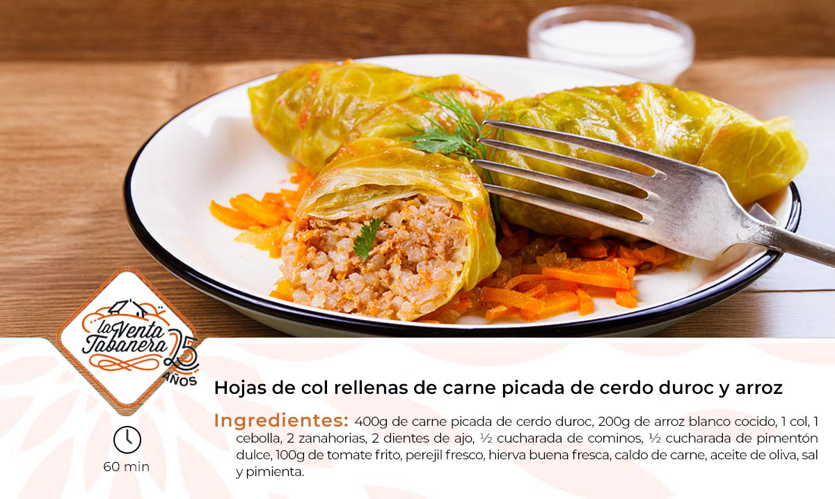 Hojas de col rellenas de carne picada de cerdo duroc y arroz