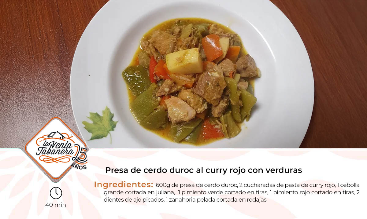 Presa de cerdo duroc al curry rojo con verduras