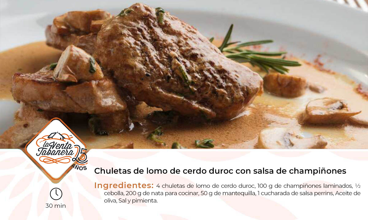 Chuletas de lomo de cerdo duroc con salsa de champiñones