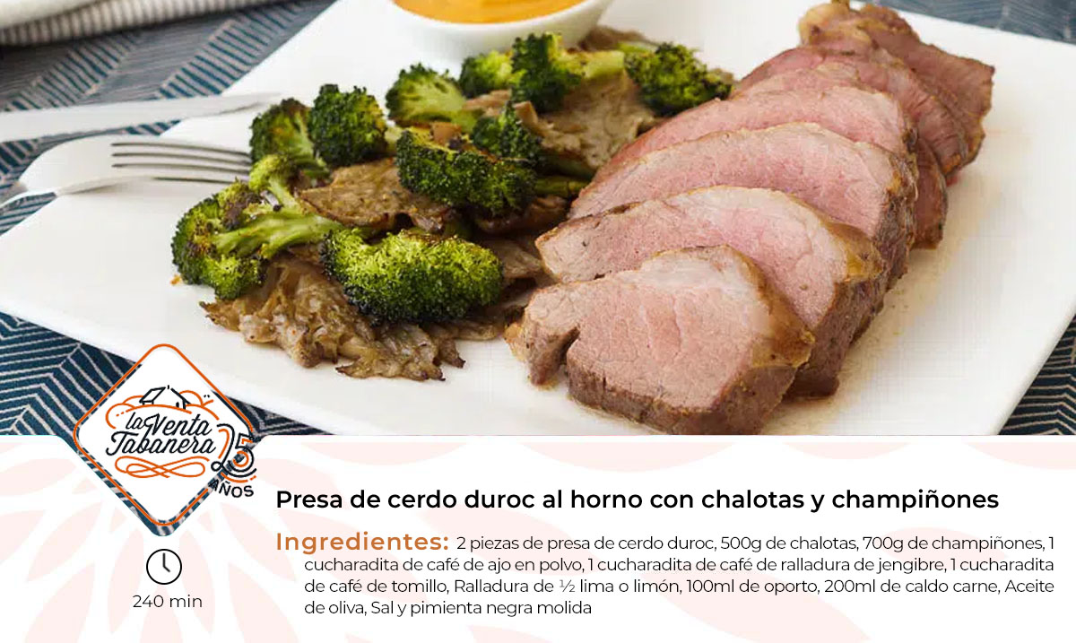 Presa de cerdo duroc al horno con chalotas y champiñones